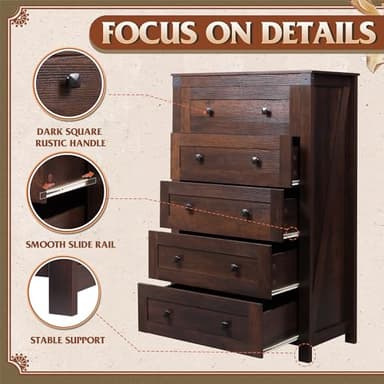 WLIVE Farmhouse Brown Dresser for Bedroom, 5 Drawer Dresser Storage Organizer, Tall Wood Dressers with Double Rustic Handle, Chest of Drawers for Living Room, Hallway, Closet - Image 5