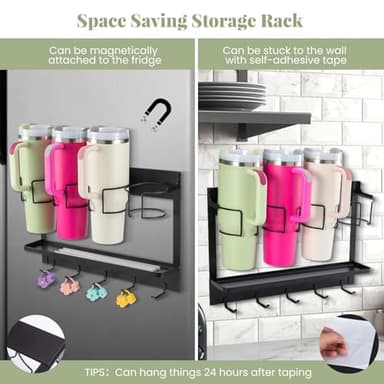 CINPIUK Water Bottle Organizer Holder, Magnetic Cup Rack Storage for Stanley & Large Tumbler, Space Saving Wall Mount Bottle Organizer with 5 Hook, Easy to Install, Black - Image 5