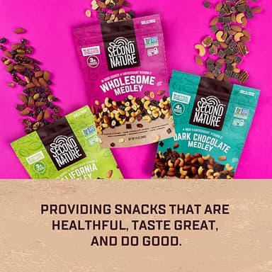 Second Nature Wholesome Medley Trail Mix - 30 oz Resealable Snack Pouches (Pack of 6), Certified Gluten-Free Snack – Dark Chocolate, Dried Fruit and Nut Trail Mix, Ideal for Travel Snacks - Image 6
