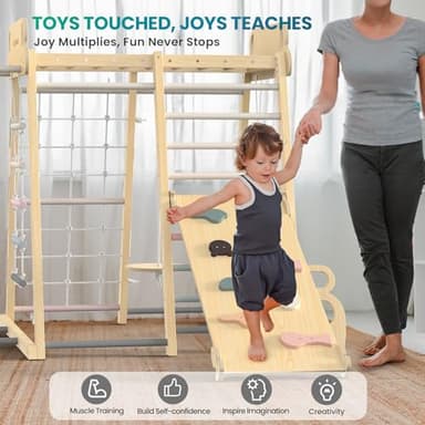 Upgraded Indoor Playground 9-in-1 Jungle Gym Kids Climbing Toys, Montessori Philosophy Waldorf Style Wooden Climber Playset with Slide, Swing, Monkey Bars, Upright/Rope Ladder, Climb Rocks/Net, Pink - Image 6