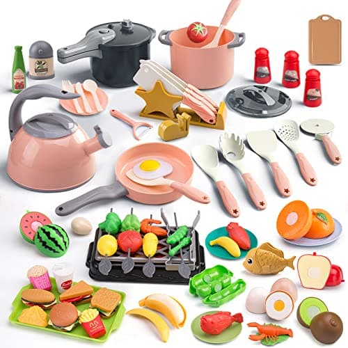 Zero Zoo 105Pcs Kids Kitchen Toy Accessories, Toddler Pretend BBQ Camping Cooking Playset, Play Pots, Pans, Utensils Cookware Toys, Play Food Set, Vegetables, Learning Gift for Girls Boys - Image 1