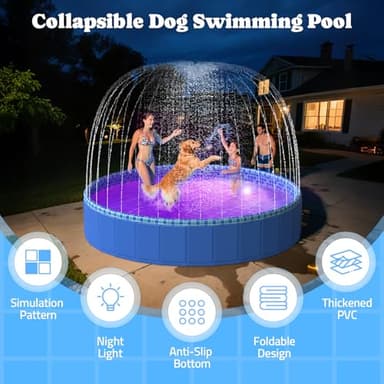 Foldable Dog Pool with Sprinkler RGB LED Light, 71" Collapsible Hard Plastic Kiddie Swimming Splash Pool for Small Medium Large Doggie Kitty Puppy, Pet Bathing Tub Wading Pool for Dogs Blue - Image 6