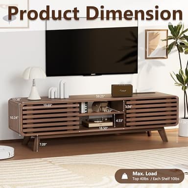 Royal Windsor Modern TV Stand for Living Room, Media Console Cabinet with Socket, Large Entertainment Center with Storage, TV Table with Slatted Sliding Doors and Open Shelves, Reddish Brown - Image 2