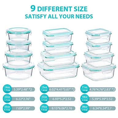 Bayco Glass Food Storage Containers with Lids, [24 Piece] Meal Prep, Airtight Bento Boxes, Leak Proof (12 lids & 12 Containers) - Blue - Image 2