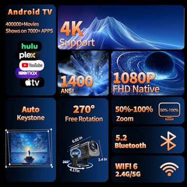 【Built-in Apps】Projector 1080P Full HD, 4K Projector with 270° Rotation,Portable Projector WiFi 6 & Bluetooth 5.2 Support,Featuring Auto Keystone Correction,HDMI/USB Connectivity Projector Black - Image 2