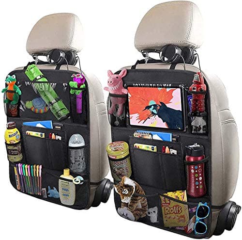 ULEEKA Car Backseat Organizer with 10" Table Holder, 9 Storage Pockets Seat Back Protectors Kick Mats for Kids Toddlers, Travel Accessories, 2 Pack - Image 1