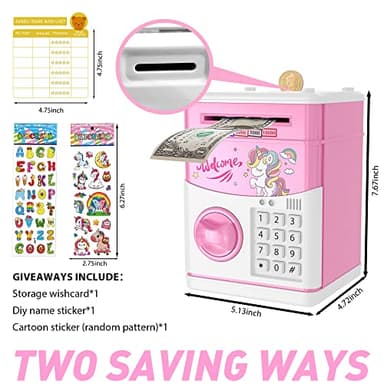JUNEU Unicorn Piggy Bank for Kids, 4 5 6 7 8 Year Old Girl Gift, Electronic Money Saving Box for Kids, Mini ATM Coin Bank, Girls Birthday Gifts, Toys for Girl, Cool Stuff, Early Ideas - Image 2