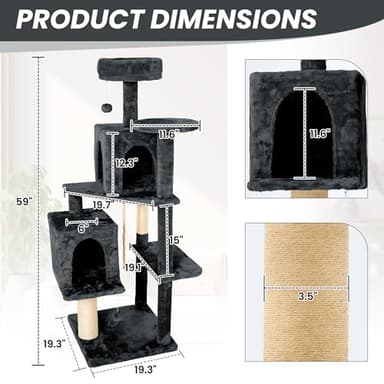 Nineshi 59in Large Cat Tree Tower for Indoor Cats with Soft Plush Hang Ball, Two Condos, Sisal Scratch Posts & Rope Play for Kittens/Adult Cats, Deep Grey - Image 6