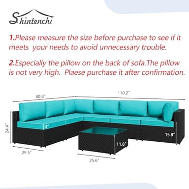 Shintenchi 7 Pieces Outdoor Patio Sectional Sofa Couch, Black PE Wicker Furniture Conversation Sets with Washable Cushions & Glass Coffee Table for Garden, Poolside, Backyard (Blue) - Image 7