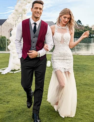 COOFANDY Men's Layered Suit Vest Business Dress Vests Formal Wedding Waistcoat Slim Fit Wine Red - Image 2