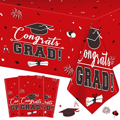 3 Pcs Graduation Tablecloth - Congrats Grad Table Cloth for Class of 2025, Disposable Plastic Rectangle Grad Table Cover for Graduation Party Decorations 2025 and Party Supplies, 54 x 108 Inch (Red) - Image 1