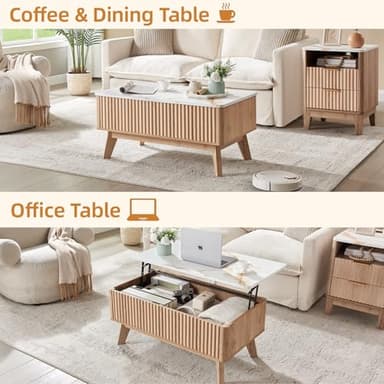 Auzonimics Lift Top Coffee Table with Faux Marble Tabletop, Mid Century Modern Coffee Table for Living Room,Wooden Fluted Rising Pull up Entertainment Center with Hidden Storage Drawer for Office, Oak - Image 4