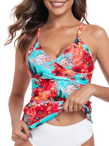 RELELCIGA Women’s Tankini Top V Neck Ruched Tummy Control Bathing Suit Top(Blue Floral,M) - Image 3
