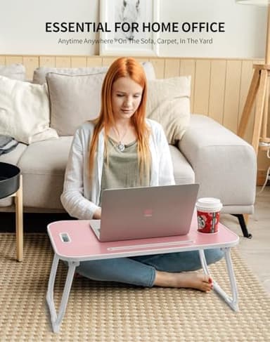 ZEAPTAC Laptop Bed Desk, Foldable Lap Desk, Portable Lap Table, Laptop Stand with Cup Holder & Tablet Slot & Lifting Handle for Working Writing Drawing & Eating - Pink - Image 6