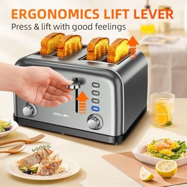 RAMJOY Grey Toaster 4 Slice, Dual Independent Controls, Extra Wide Slot Toasters for Bagel, Bread, Waffles, 7 Shade Settings, 4 Main Functions, Removable Crumb Tray, 1500 Watts, Grey Stainless Steel - Image 8