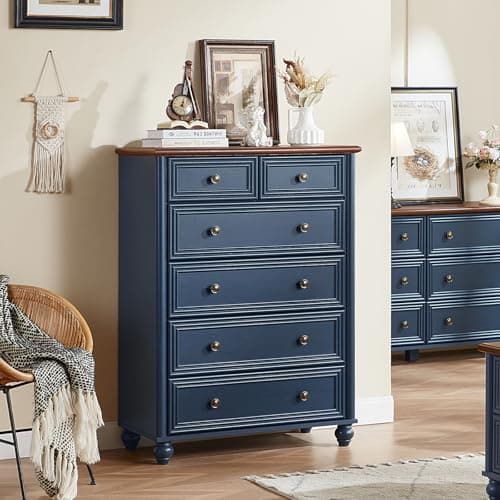 RWYHG Farmhouse 6 Drawer Dresser, 15.75" D x 31.5" W x 43.5" H Chest of Drawers for Bedroom, Blue Tall Dresser with 4 Solid Wood Feet, Wood Storage Dressers Organizer for Living Room Hallway Closet - Image 1