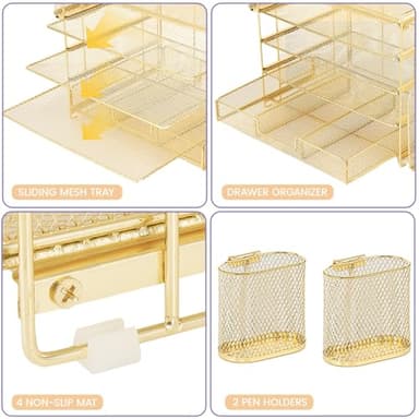 OPNICE Desk Organizers and Accessories, 5-Tier Paper File Organizer with Drawer & Pen Holder, Office Desk Accessories Workspace Desktop Organizer for Office Supplies(Gold) - Image 6