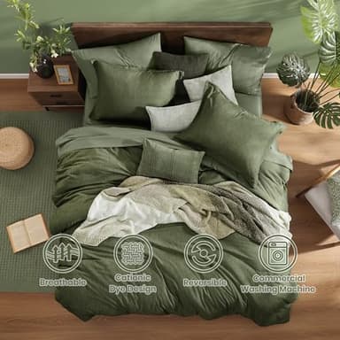 Monbix King Size Comforter Set, Olive Green King Bed Set Reversible, King Size Comforter Set 7 Pieces, Cationic Dyeing Bed in a Bag with Comforter, Sheets, Pillowcases & Shams - Image 2