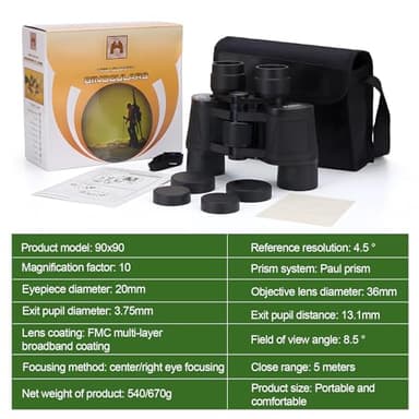 Adults Binoculars for Hunting Waterproof HD Binocular Professional with Low Light Night Vision High Powered Mini Binoculares for Bird Watching Hunting Concert Theater Camping (90 * 90) - Image 9