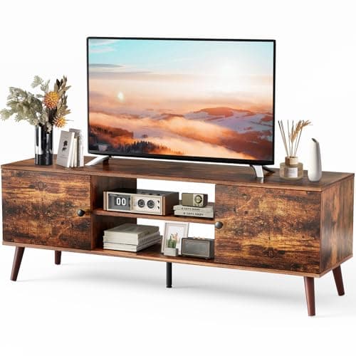 Sweetcrispy TV Stand for 55 60 inch TV, Modern Mid Century Entertainment Center with Storage, Media Console Table 2 Cabinet, Soft Hinge, Handle Door, Wooden Living Room, Office Furniture, Rustic Brown - Image 1