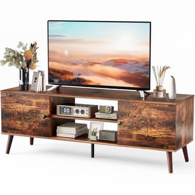 Sweetcrispy TV Stand for 55 60 inch TV, Modern Mid Century Entertainment Center with Storage, Media Console Table 2 Cabinet, Soft Hinge, Handle Door, Wooden Living Room, Office Furniture, Rustic Brown - Image 1