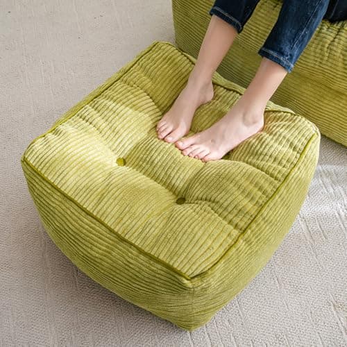 HIGOGOGO Square Stuffed Pouf Ottoman, Corduroy Poufs with Foam Chunk Filling, Furry and Fluffy Pouf Foot Stool Storage Ottoman, 21 X 21 Floor Poufs Foot Rest for Living Room, Green - Image 1