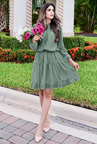 BTFBM Long Sleeve Fall Dresses for Women 2025 Summer Casual Tie Neck Ruffle Tiered A Line Wedding Guest Short Mini Dress(Dot Green, Medium) - Image 6