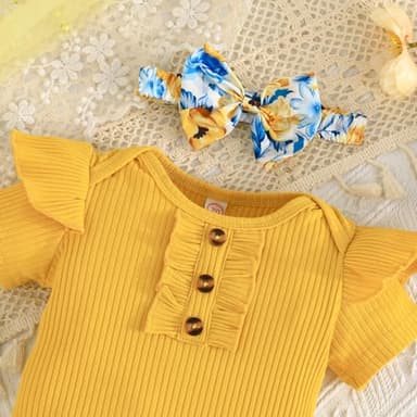 GDTOGRT Baby Girl Clothes 12-18 Months Newborn Infant Outfit Ruffle Romper Short Pants Clothing Sets for Summer Spring - Yellow - Image 3