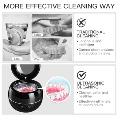 Dental Ultrasonic Retainer Cleaner Machine: 45kHz Dental Cleaning Pod for Denture, Aligner, Mouth Guard, Night Guard, Braces & Jewelry, UV Denture Cleaner with Digital Timer & Dual Mode 250ML Black - Image 5