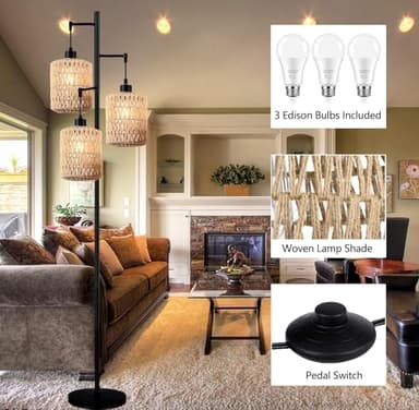 QIYIZM Floor Lamp for Living Room,Bedroom,3-Lights Boho Rattan Tree Floor Lights,Industrial Black Farmhouse Standing Lamp Wicker Rustic Tall Lamp,Woven Bamboo LampShade Floor Lamps Bohemian - Image 5