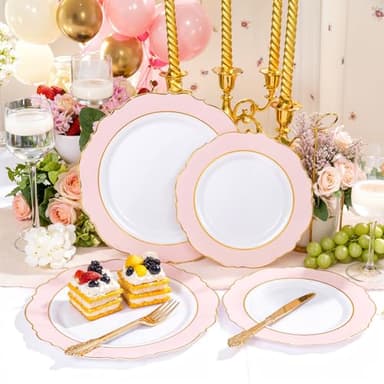 WDF 60pcs Pink Plastic Plates - 10.25inch Baroque Pink And Gold Disposable Dinner Plates for Upscale Parties -Special for Wedding, Party,Birthdays, Baby Shower - Image 6