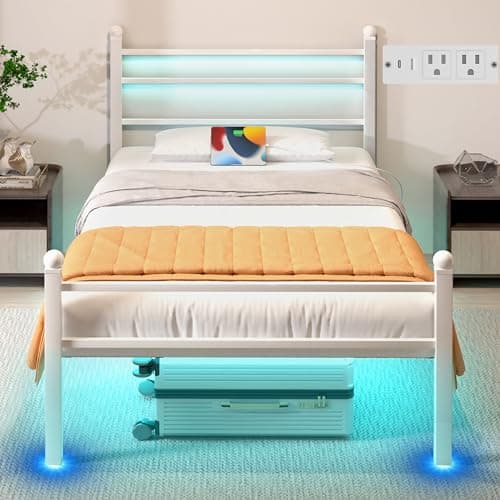 J.Fkne Twin Bed Frame with LED Lights & Charging Station, Metal Platform Bed with Headboard, Heavy Duty Metal Slats, No Box Spring Needed, Noise Free, Easy Assembly, White - Image 1
