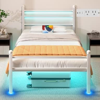 J.Fkne Twin Bed Frame with LED Lights & Charging Station, Metal Platform Bed with Headboard, Heavy Duty Metal Slats, No Box Spring Needed, Noise Free, Easy Assembly, White - Image 1