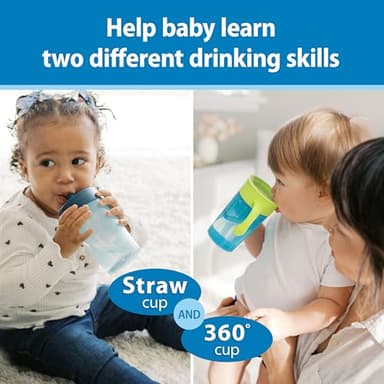 Dr. Brown's Milestones Straw to 360° Cup Set, Convertible Toddler Training Cup Set with Interchangeable Silicone Straw and 360 Degree Cup Lids, Blue Green, 10 oz/300 mL, BPA Free, 9m+, 2 Pack - Image 2