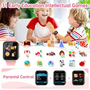 cjc Smart Watch for Kids Gift for Girls Ages 4-12 - Includes Screen Protector, 30+ Games, 140 Learning Cards, HD Touch Screen, Camera, Music, Pedometer - Fun & Educational Birthday Gift Idea (Pink) - Image 3