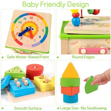 Wooden 7-in-1 Activity Cube| Montessori Toys for 1 2 3 Year Old Toddlers| Baby Educational Developmental Toys |One Year Old Boys Girls First Birthday Gifts |Bonus Sorting & Stacking Board - Image 3