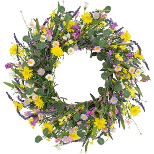 LLZLL Spring Wreath 22" Spring Wreaths for Front Door Artificial Summer Wreath with Eucalyptus Leaf Lavender Daisy for Indoor Outdoor Home Decor Festival Celebrations - Image 1