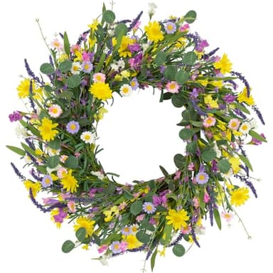 LLZLL Spring Wreath 22" Spring Wreaths for Front Door Artificial Summer Wreath with Eucalyptus Leaf Lavender Daisy for Indoor Outdoor Home Decor Festival Celebrations - Image 1