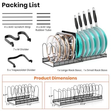 MUDEELA Expandable Pots and Pans Organizer Rack under Cabinet, Pots Lid Organizer Rack for Kitchen Cabinet Organizers and Storage with 12 Adjustable Dividers Cutting Board Holder & Anti-Scratch Strips - Image 7