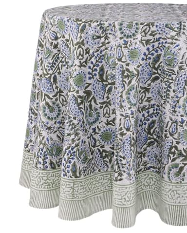 ATOSII Clover Blue 100% Cotton Round Boho Fall Tablecloth, Handblock Floral Table Cloth Linen for Kitchen Dining I Parties Wedding Outdoors Christmas Thanksgiving I 90" Inches Round I 6 Seater - Image 2