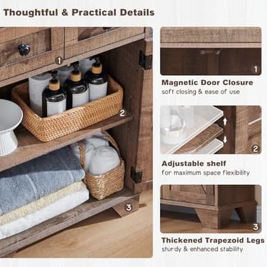 ACCOHOHO Bathroom Floor Cabinet, Farmhouse 24" Wide Cabinet with Drawer, Adjustable Shelf, Barn Doors, Cabinets for Bathroom, Kitchen, Living Room, Rustic Brown - Image 5