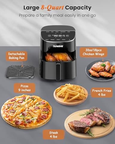 Nuwave Brio Plus Air Fryer 8 Qt, New & Improved, PFAS-FREE, 7 Digital One-Touch Cook Functions that AIR FRY, BAKE, ROAST, DEHYDRATE, TOAST, REHEAT, PREHEAT, 150 Presets, 50°F~400°F, 700/1500/1800W - Image 6