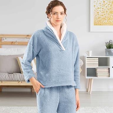 BOSECETA Fluffy Pajamas Set for Women Soft Comfy Fleece Pjs Pullover Pants Loose Plush Sleepwear Fuzzy Loungewear for Winter (Dark Blue,Small) - Image 2