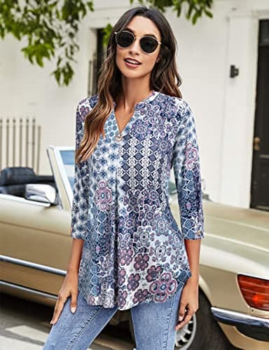 Floral Shirts for Women, Womens Business Casual Clothing 3/4 Sleeve Work Tops for Office Henley Shirt Ladies Tunic Tops for Leggings Long Floral Dressy Shirts Fitted Polyester Maternity BRD L - Image 2