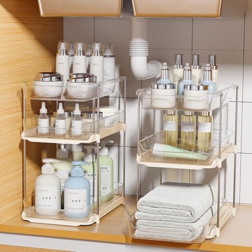 Delamu 2 Pack 3-Tier Bathroom Under Sink Organizers and Storage, Multi-Purpose Stackable Pantry Organization and Storage, Pull Out Clear Kitchen Bathroom Cabinet Organizer with Movable Dividers, Beige - Image 1