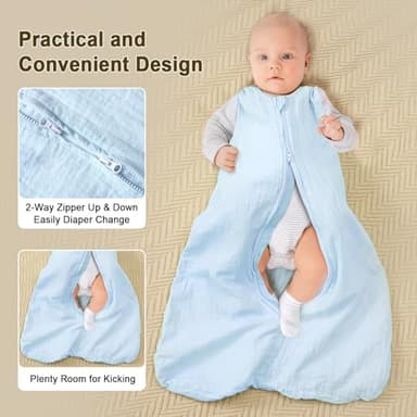 PHF 100% Muslin Cotton Baby Sleep Sacks, 6-12 Months Sleep Sack with 2-Way Zipper, 2 Pack Cooling Unisex 0.5 TOG Breathable Medium Size Sleeveless Baby Wearable Blanket, White & Blue - Image 6
