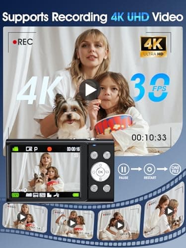 Digital Camera,Autofocus 4K Vlogging Camera for Photography with 32GB Card,48MP Portable Compact Point and Shoot Digital Camera for Teens Adult Beginner with 16X Zoom,Anti-Shake,2 Batteries(Black) - Image 3