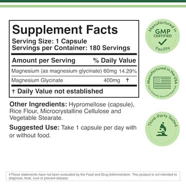 Magnesium Glycinate 400mg, for Sleep, Muscle, & Heart Support - (Vegan, Third Party Tested, Gluten Free, Non-GMO), 180 Capsules by Double Wood Supplements - Image 2