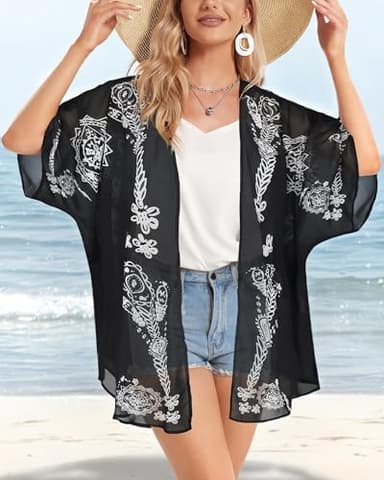Summer Kimono Cardigan for Women Sheer Boho Tops Casual Open Front Swimwear Shirts Beach Cover ups (Caftan Black,XL) - Image 4