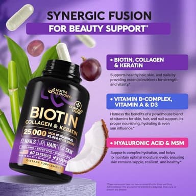 Biotin | Collagen | Hyaluronic Acid | Keratin - Clinically Tested Supplement - Hair Growth Support, Skin & Nails - 25000 mcg Vitamins B2, B3, B6 & B7 + B1 - Made in USA - Women & Men | 60 Capsules - Image 4